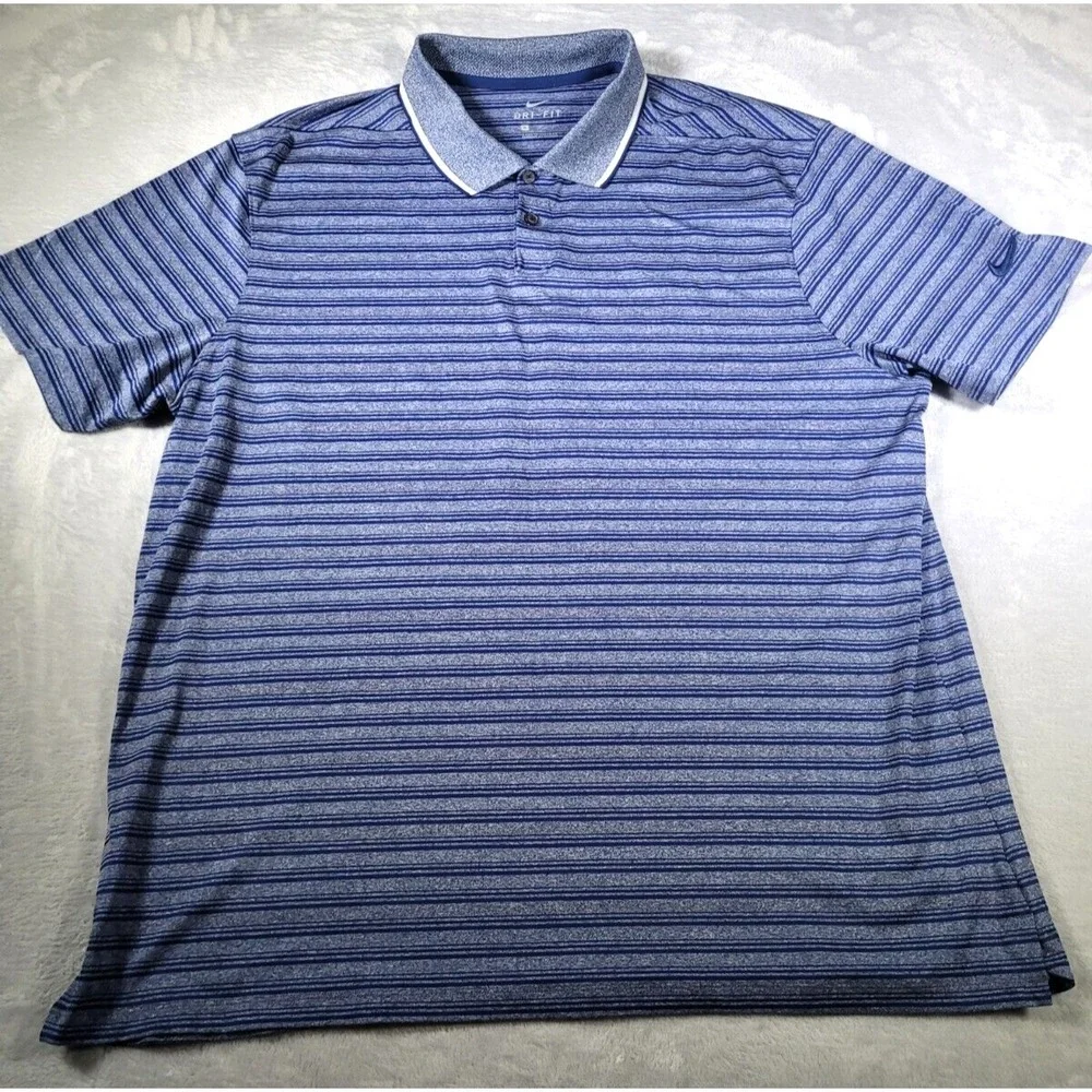 Nike Shirt Mens XL Polo Blue Striped‎ Dri-Fit Stretch Golf Short Sleeve Swoosh
